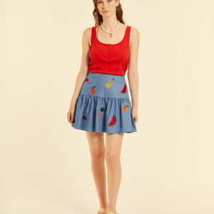 Falda Mini Denim Bordado Frutas by Pepa Loves